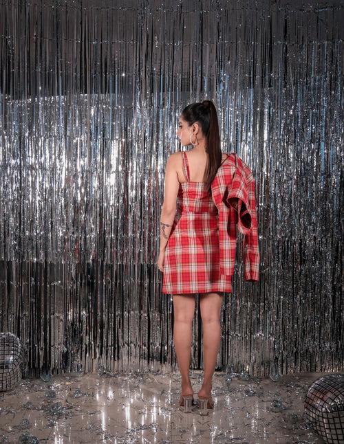 Red checks A-line dress with jacket co-ord set