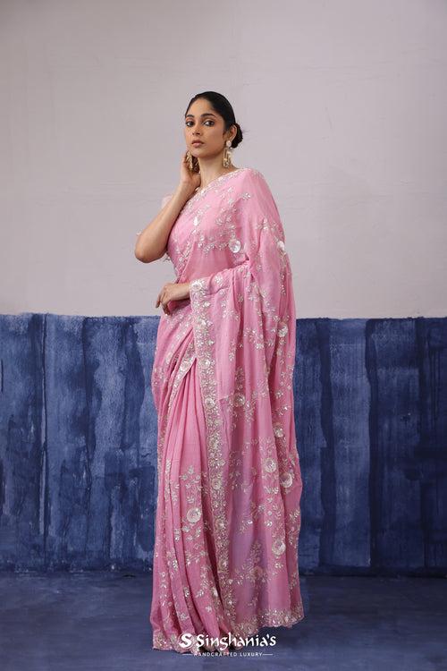 Carnation Pink Organza Saree With Hand Embroidery