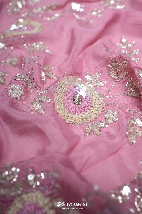 Carnation Pink Organza Saree With Hand Embroidery