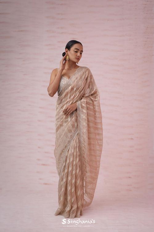 Pastel Beige Crushed Tissue Organza Saree With Hand Embroidery