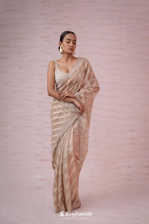 Pastel Beige Crushed Tissue Organza Saree With Hand Embroidery