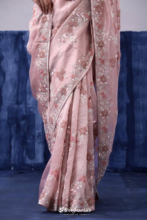 Tea Rose Pink Crushed Tissue Organza Saree With Hand Embroidery