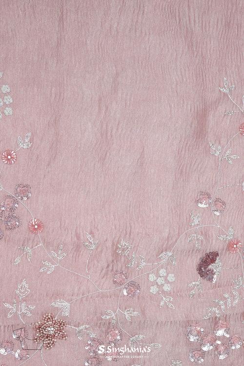 Tea Rose Pink Crushed Tissue Organza Saree With Hand Embroidery