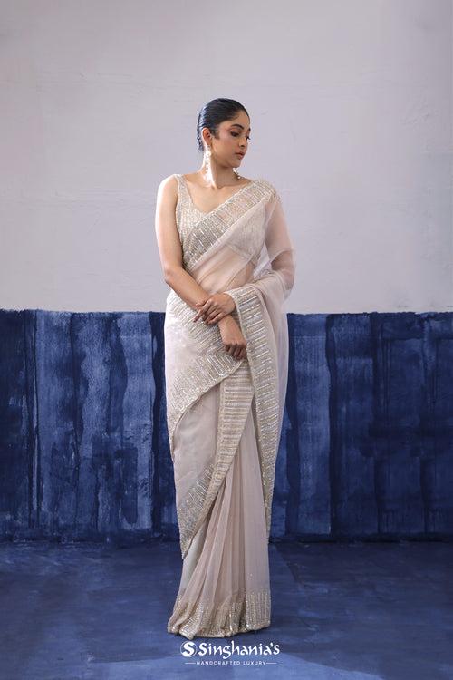 Kasugai Peach Organza Saree With Hand Embroidery