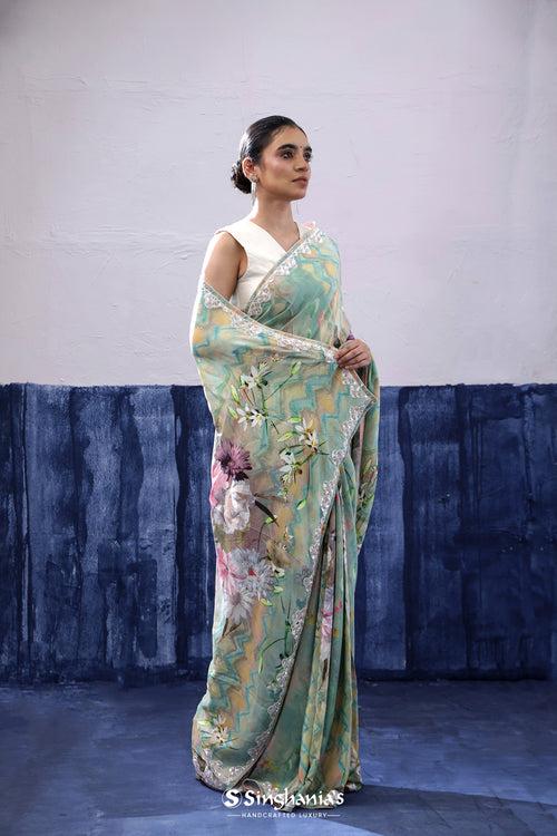 Viridian Green Organza Printed Saree With Floral Pattern