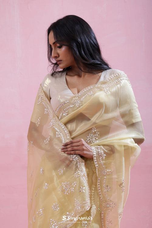 Dusty Yellow Tissue Organza Saree With Hand Embroidery