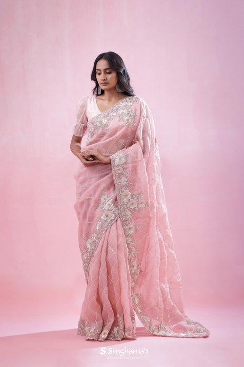 Bubblegum Pink Tissue Organza Saree With Hand Embroidery