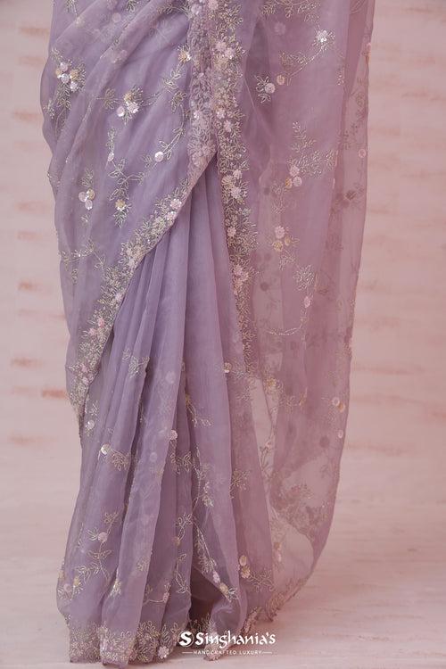 Languid Lavender Organza Saree With Hand Embroidery