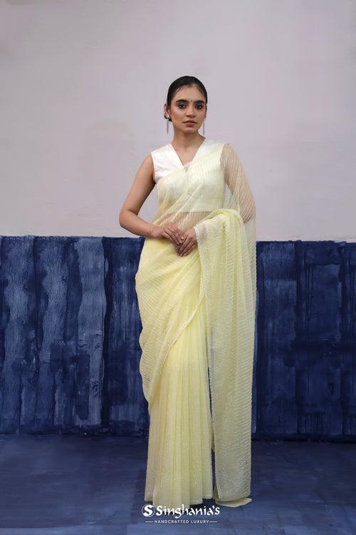 Light Yellow Organza Saree With Hand Embroidery