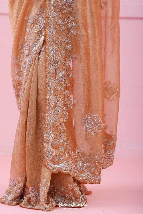 Apricot Peach Crushed Tissue Organza Saree With Hand Embroidery