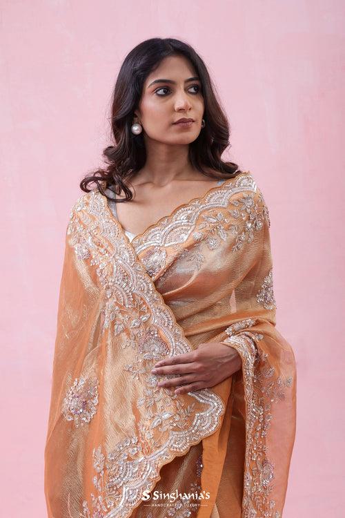 Apricot Peach Crushed Tissue Organza Saree With Hand Embroidery