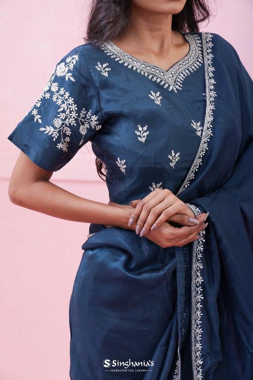 Prussian Blue Organza Saree With Hand Embroidery