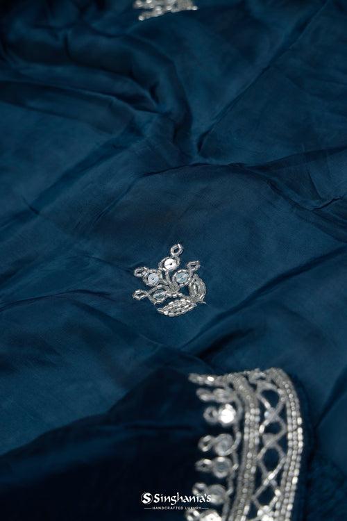 Prussian Blue Organza Saree With Hand Embroidery