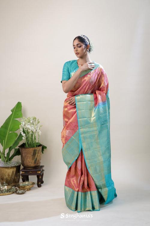 Strawberry Pink Tissue Kanjivaram Silk Saree With Floral Design