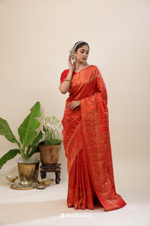 Bright Red Tissue Kanjivaram Silk Saree With Floral Butta Design