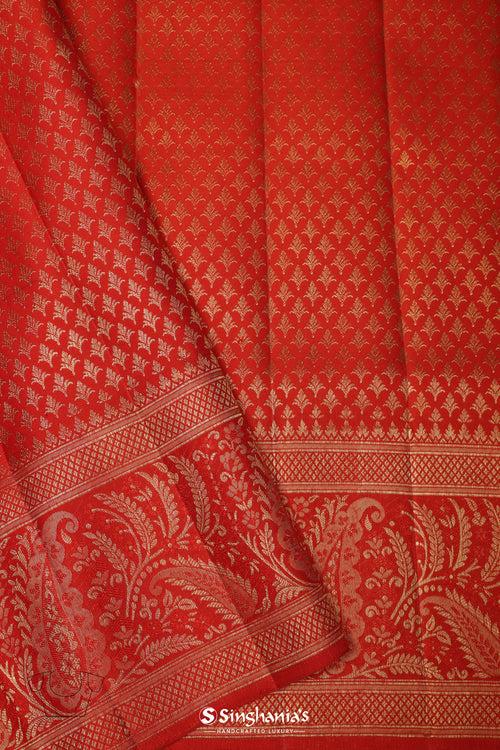 Bright Red Tissue Kanjivaram Silk Saree With Floral Butta Design