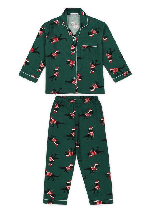 Christmas Dinosaur Green Print Cotton Flannel Long Sleeve Kid's Night Suit