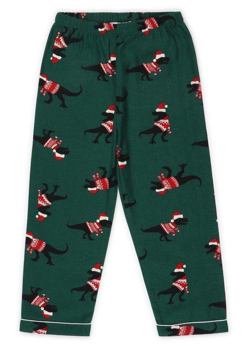 Christmas Dinosaur Green Print Cotton Flannel Long Sleeve Kid's Night Suit