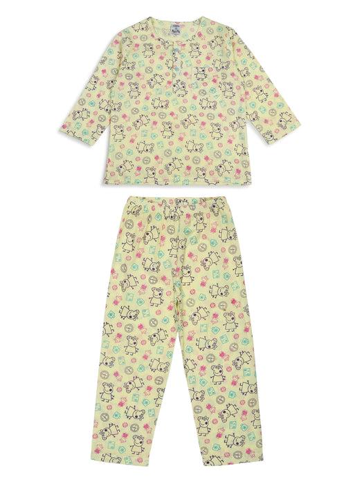 Peppa Line Art Yellow Print Round Neck Long Sleeve Kids Night Suit