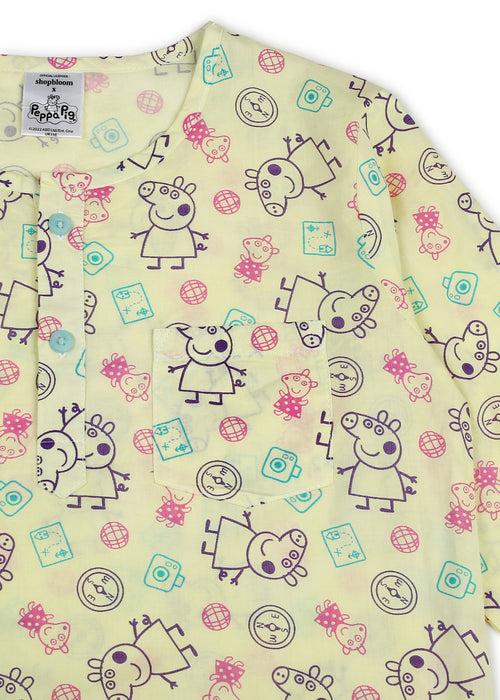 Peppa Line Art Yellow Print Round Neck Long Sleeve Kids Night Suit