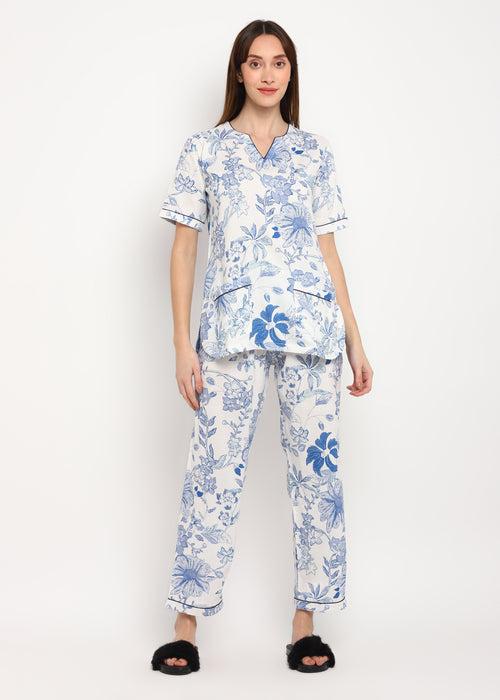 Blue Dotted Flower Print V Neck Short Sleeve Women's Night suit