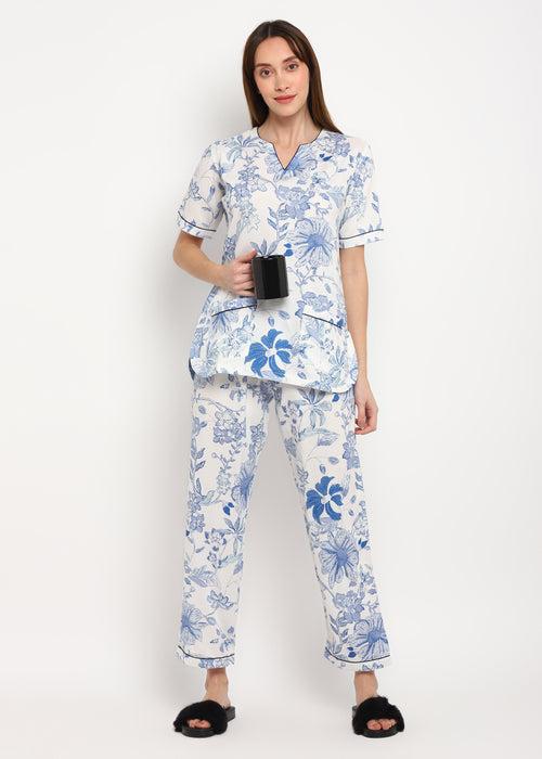 Blue Dotted Flower Print V Neck Short Sleeve Women's Night suit