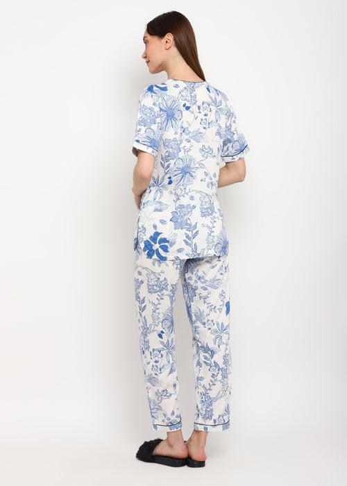 Blue Dotted Flower Print V Neck Short Sleeve Women's Night suit