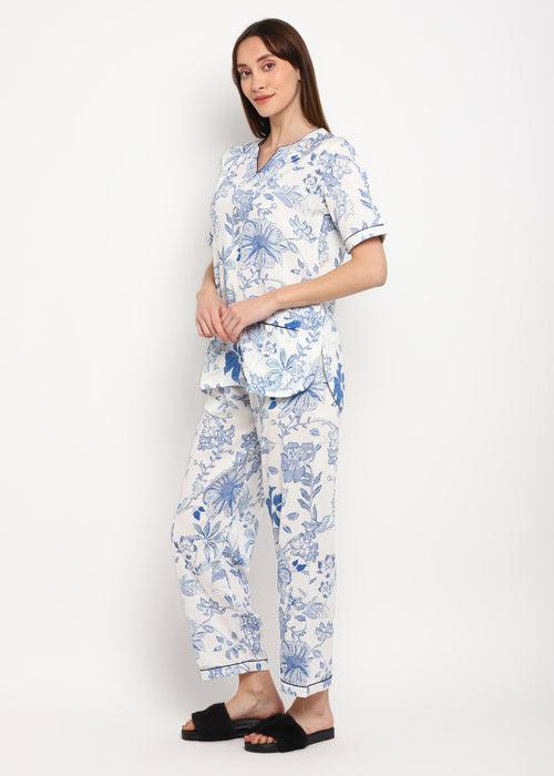 Blue Dotted Flower Print V Neck Short Sleeve Women's Night suit