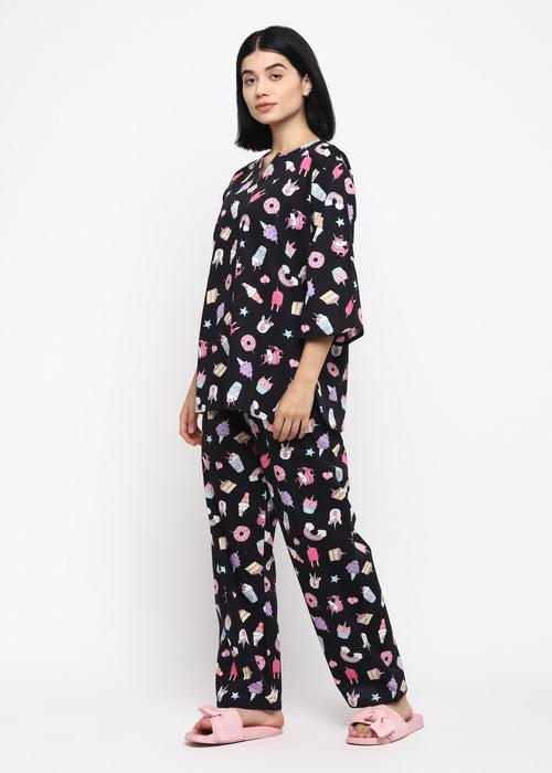 Black Unicorn Print V Neck Women's Night Suit