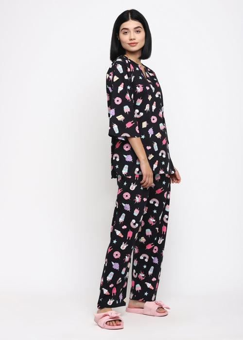 Black Unicorn Print V Neck Women's Night Suit