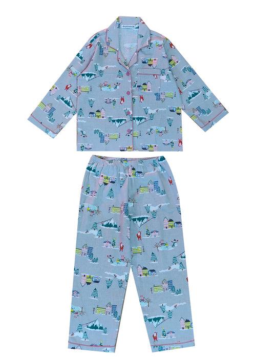 Santa City Print Cotton Flannel Long Sleeve Kid's Night Suit