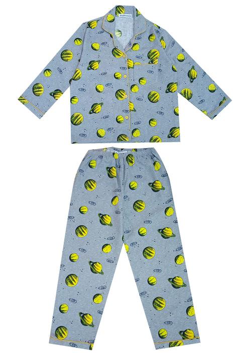 Grey Space Print Cotton Flannel Long Sleeve Kid's Night Suit