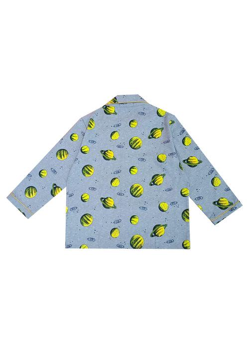 Grey Space Print Cotton Flannel Long Sleeve Kid's Night Suit