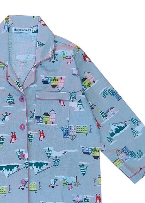 Santa City Print Cotton Flannel Long Sleeve Kid's Night Suit