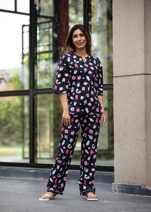 Black Unicorn Print V Neck Women's Night Suit