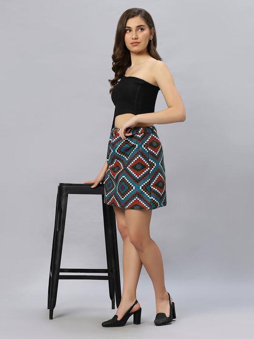 Blue Geometric Jacquard Skirt