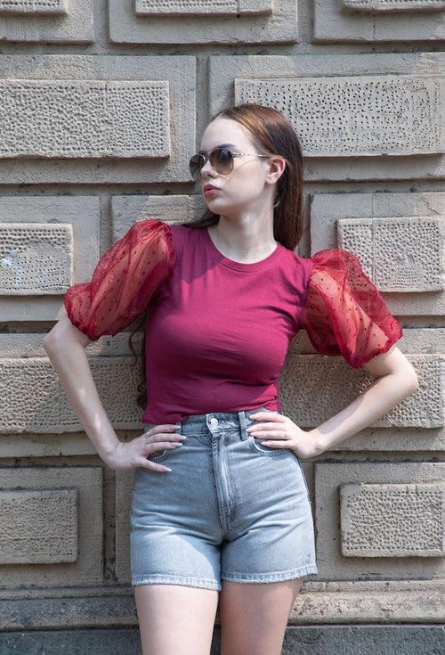 Plum Organza Sleeved Crop Top