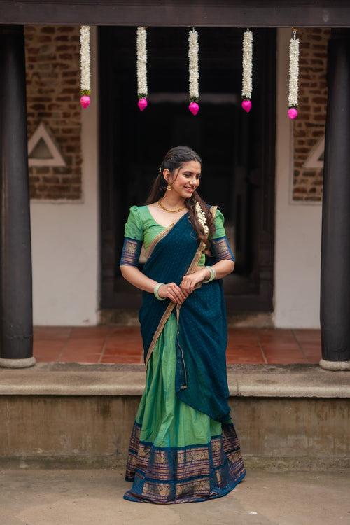 IMD - Urmila Aqua Green with Blue Handloom cotton Halfsaree