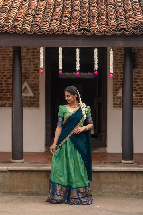 IMD - Urmila Aqua Green with Blue Handloom cotton Halfsaree