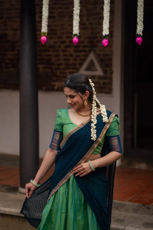 IMD - Urmila Aqua Green with Blue Handloom cotton Halfsaree