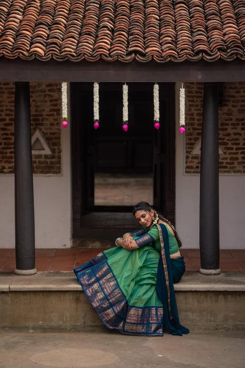 IMD - Urmila Aqua Green with Blue Handloom cotton Halfsaree