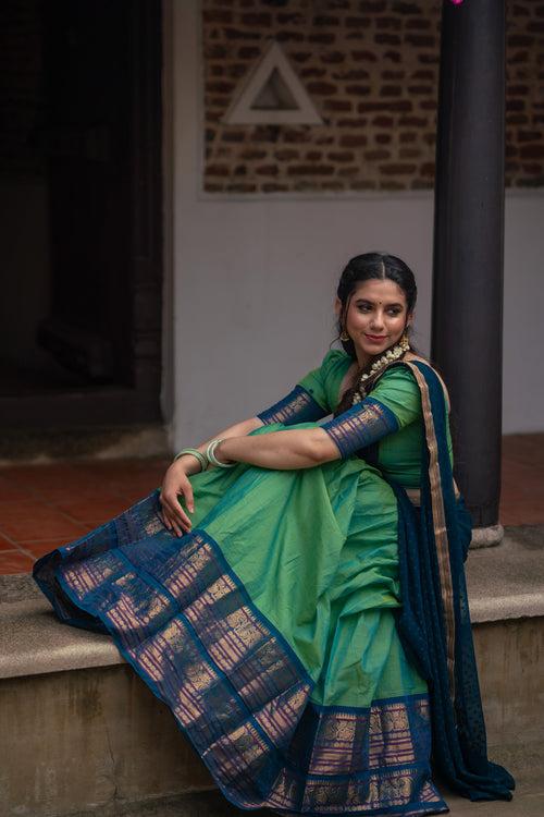 IMD - Urmila Aqua Green with Blue Handloom cotton Halfsaree