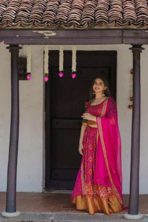 Harshini Pink with Green Croptop Skirt (Set of 3)