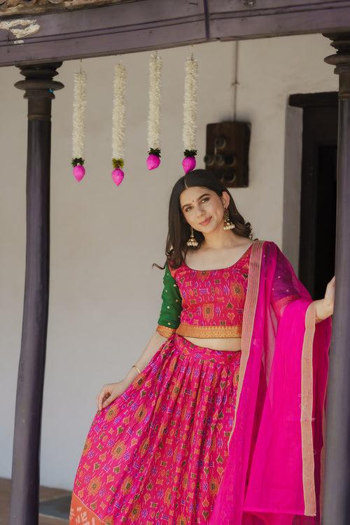 Harshini Pink with Green Croptop Skirt (Set of 3)