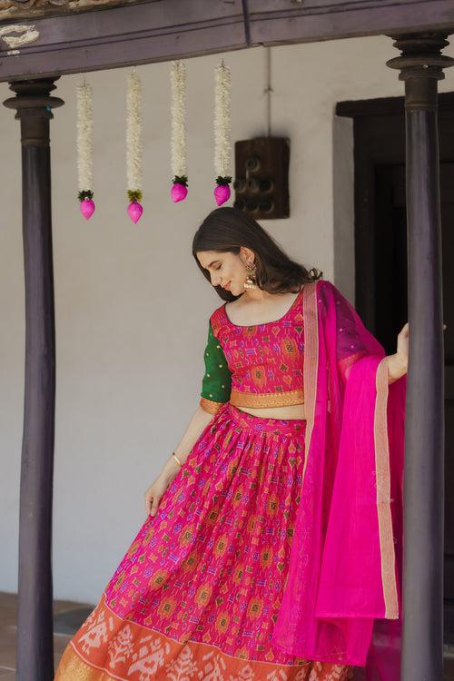 Harshini Pink with Green Croptop Skirt (Set of 3)