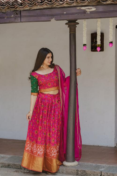 Harshini Pink with Green Croptop Skirt (Set of 3)