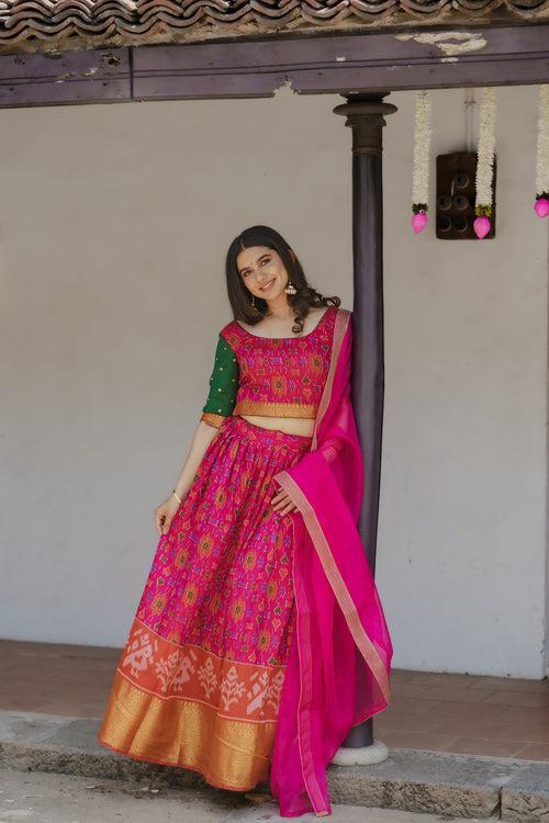 Harshini Pink with Green Croptop Skirt (Set of 3)