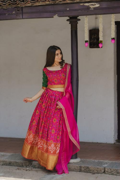 Harshini Pink with Green Croptop Skirt (Set of 3)