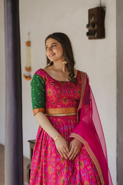 Harshini Pink with Green Croptop Skirt (Set of 3)