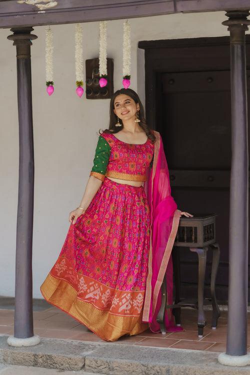 Harshini Pink with Green Croptop Skirt (Set of 3)